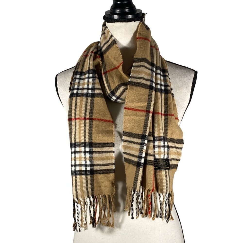 Neutral Plaid 100% Cashmere Scarf With Fringe Dry Clean Only Made In Germany